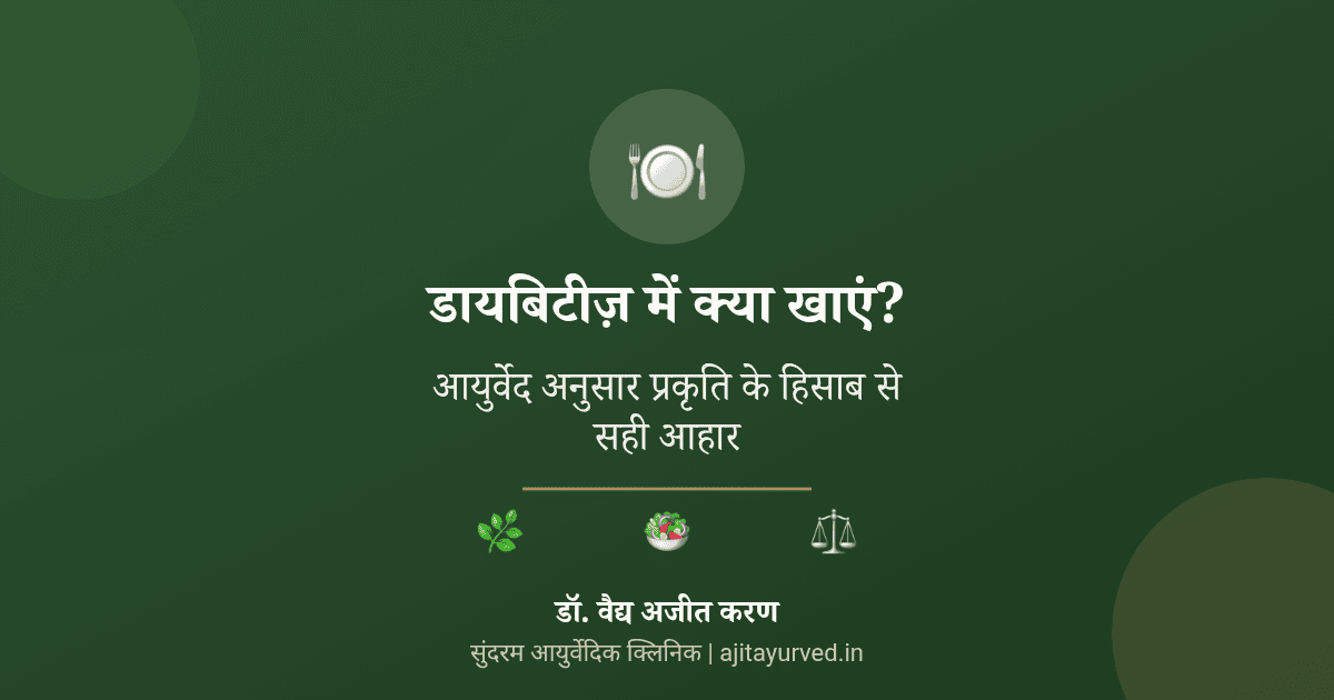 डायबिटीज़ में क्या खाएं - आयुर्वेद अनुसार प्रकृति के हिसाब से सही आहार, डॉ. वैद्य अजीत करण, सुंदरम आयुर्वेदिक क्लिनिक का इन्फोग्राफ़िक बैनर, जिसमें थाली, पत्तियों और संतुलन दर्शाने वाले प्रतीक चिन्ह हैं